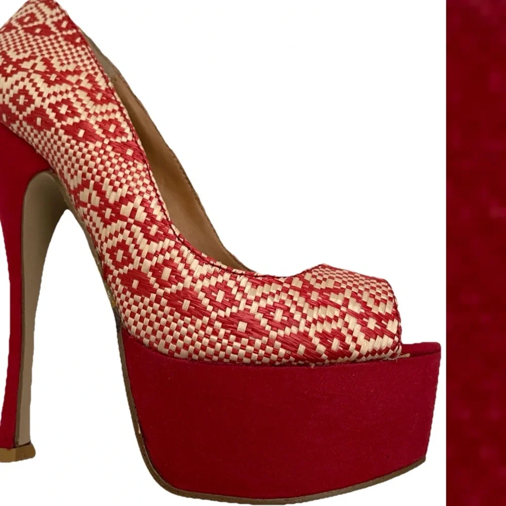Shoe Dazzle Red and Cream Woven Platform Pumps with High Stiletto